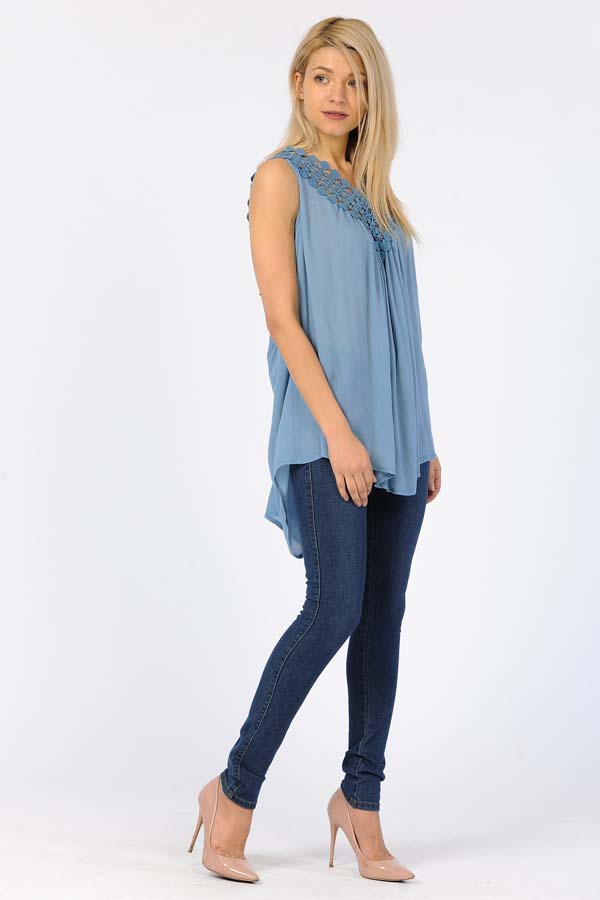 Tunic Top - Sleeves Less Crochet Work On Neck Blue